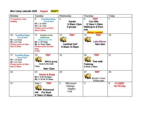 Mini Camp Draft Calendar 2026