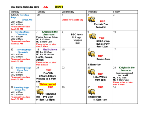 Mini Camp Draft Calendar 2026