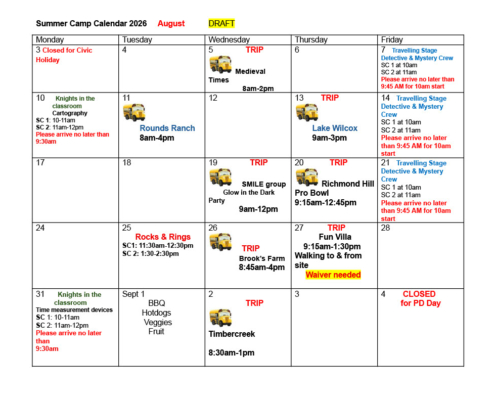 Summer Camp Draft Calendar 2026