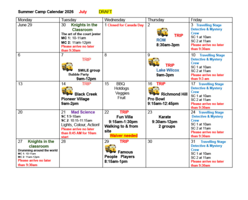 Summer Camp Draft Calendar 2026