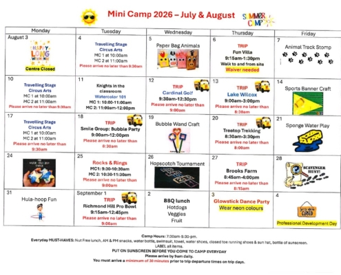 Mini Camp 2026 Calendar Draft