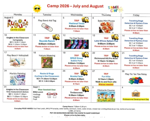 Summer Camp 2026 Draft Calendar